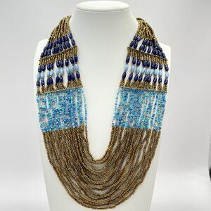 Goldtone and Shades of Blue Necklace.